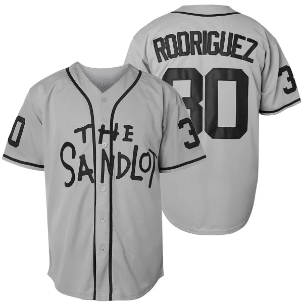 The Sandlot Benny Rodriguez Baseball Jersey Stitched Movie Sports Shirt Gray White Blue