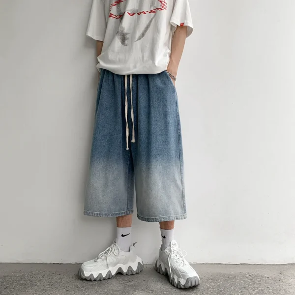 Summer Gradient Jeans Shorts Male Calf Length Trousers Denim Elastic Waist Short Jean Mens Oversized Black/Blue S-2XL - Image 4