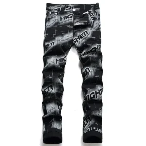 Korean Fashion Printed Slim Jeans Luxury Design Classic Men’s Skinny Jeans Men Casual and Trendy Black Boyfriend Denim Pants