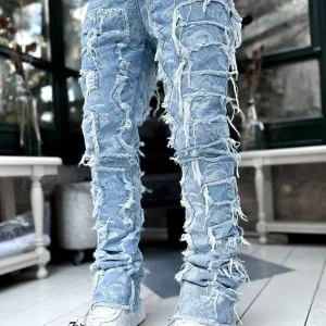 Men’s Regular Fit Stacked Jeans Ripped Slim Fit Patch Distressed Destroyed Straight Denim Pants Hip Hop Streetwear Trouser Cloth
