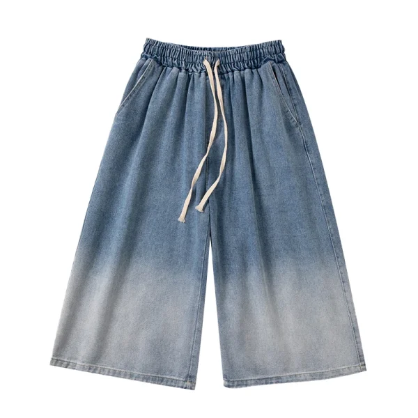 Summer Gradient Jeans Shorts Male Calf Length Trousers Denim Elastic Waist Short Jean Mens Oversized Black/Blue S-2XL - Image 5