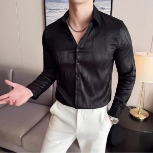 Men’s Shirt Fashionable Water Ripple Long Sleeved High-quality Shirt Business Slim Fit Korean Version Tailcoat Dress Shirt