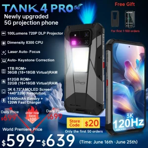 【World premier】Unihertz by 8849 Tank 4 pro Smartphone 5G with 720P Projector Dimensity 8300 36GB+1TB Cellphone 3k AMOLED Android