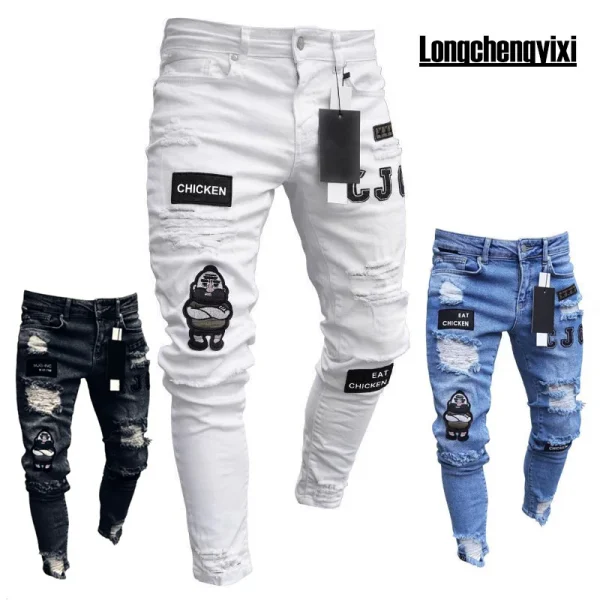 Men Jeans Knee Hole Ripped Stretch Skinny Denim Pants Solid Color Black Blue Autumn Summer Hip-Hop Style Slim Fit Trousers S-4XL - Image 4