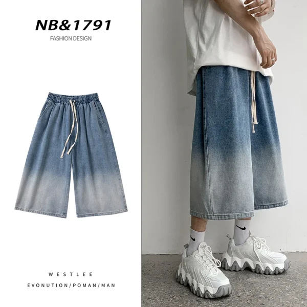 Summer Gradient Jeans Shorts Male Calf Length Trousers Denim Elastic Waist Short Jean Mens Oversized Black/Blue S-2XL - Image 3