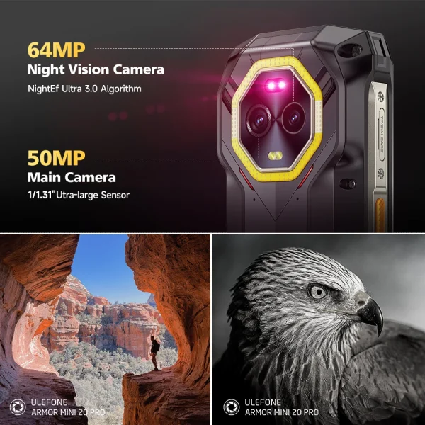 Ulefone Armor Mini 20 Pro 4.7" Rugged Phone 5G Smartphone Android 14 6200mAh 16GB(8+8) 256GB 64MP Night Vision camera LED Light - Image 3