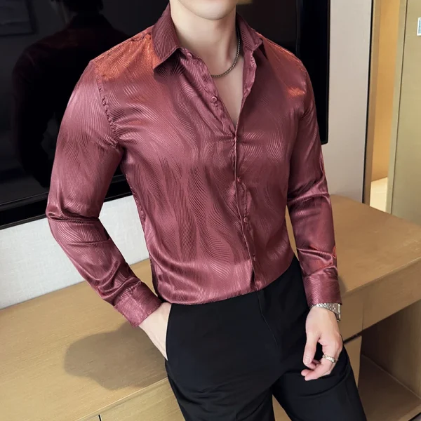 Men's Shirt Fashionable Water Ripple Long Sleeved High-quality Shirt Business Slim Fit Korean Version Tailcoat Dress Shirt - Image 3