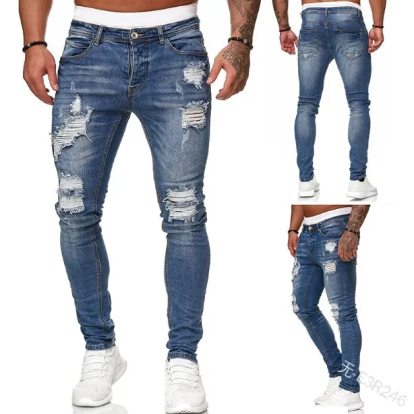 Men Jeans Knee Hole Ripped Stretch Skinny Denim Pants Solid Color Black Blue Autumn Summer Hip-Hop Style Slim Fit Trousers S-4XL - Image 3