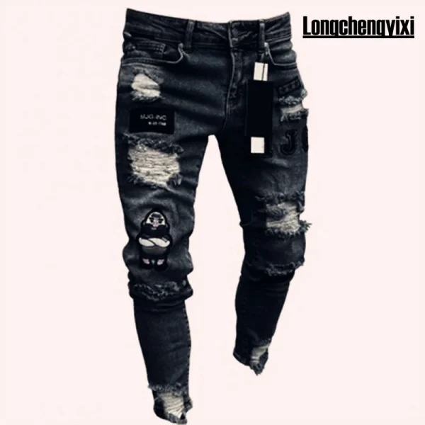 Men Jeans Knee Hole Ripped Stretch Skinny Denim Pants Solid Color Black Blue Autumn Summer Hip-Hop Style Slim Fit Trousers S-4XL - Image 5