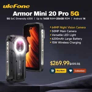 Ulefone Armor Mini 20 Pro 4.7″ Rugged Phone 5G Smartphone Android 14 6200mAh 16GB(8+8) 256GB 64MP Night Vision camera LED Light
