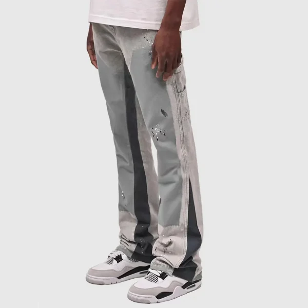 2025 Men's Fashion Jeans Work Pants, European and American Fashion Workwear Elastic Patchwork Denim Layered Flared Pants S-XXL