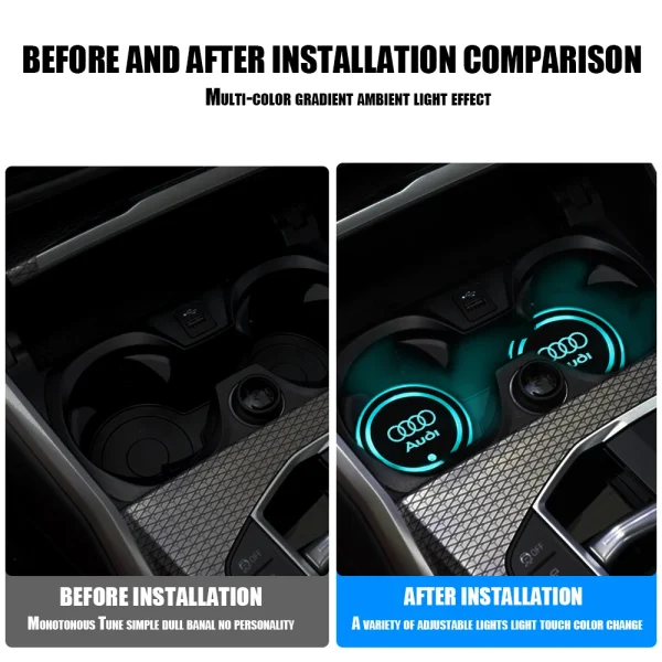 2PCS LED 7 Color-Changing Light Up Cup Holder Pad Car Accessories for Audi Sline A1 A2 A3 A4 A4L A5 A6 A7 A8 A8L TT Q1 Q2 Q3 Q4 - Image 5