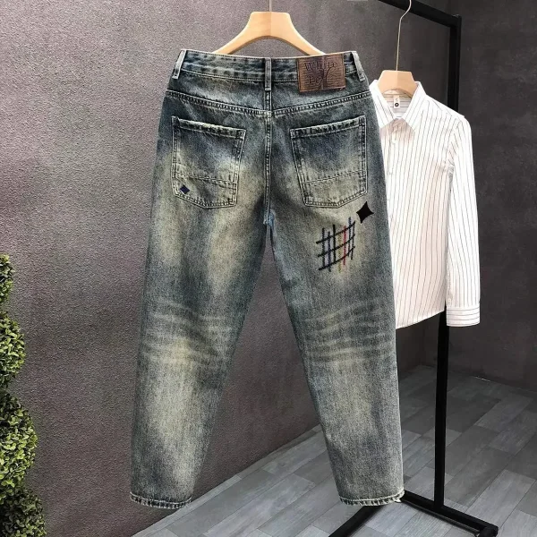 Four Seasons Men’s New Fashion American High Street Loose Washed Light Blue Jeans Pants Casual Trendy Printed Denim Trousers - Image 3