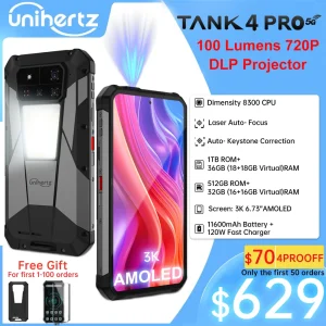 Unihertz 8849 Tank 4 pro 5G AI Rugged Phone Built-in 720P Projector IP68/69 Dimensity 8300 512GB/1TB ROM 16GB/18GB RAM 3k AMOLED