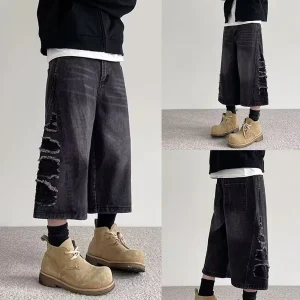 Baggy Casual Straight Cropped Pants Mens Washed Jeans S-3XL Size Range Slight Stretch Fabric Workplace Fashion