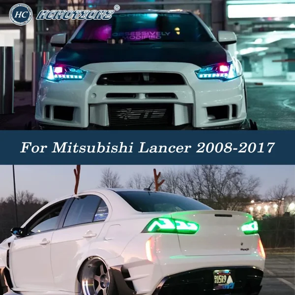 HCMOTIONZ RGB Auto Lamps Set for Mitsubishi Lancer 2008-2017 Car Styling LED Headlights with Demon Eyes and Tail Lights Assembly