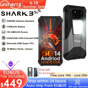 Unihertz Shark 3 by 8849 Rugged Smartphone android 14 3K AMOLED Display 32GB RAM 512GB ROM Dimensity 8300 CPU Mobile Phone