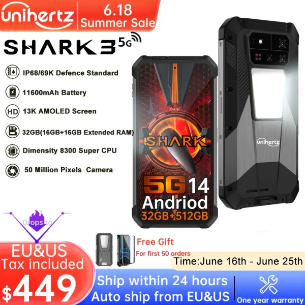 Unihertz Shark 3 by 8849 Rugged Smartphone android 14 3K AMOLED Display 32GB RAM 512GB ROM Dimensity 8300 CPU Mobile Phone