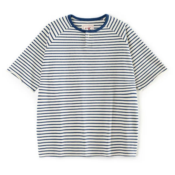 Akkad Kuti 2025 New Retro Sea Soul Shirt Men's Henry Collar Short Sleeve T-shirt Heavy Shoulder Sleeve Loose Stripe T-shirt