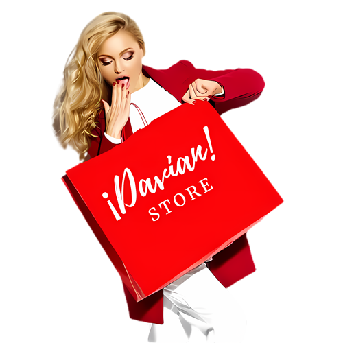 Young blonde haired woman holding a red shopping bag with the name of our site - DavianStore